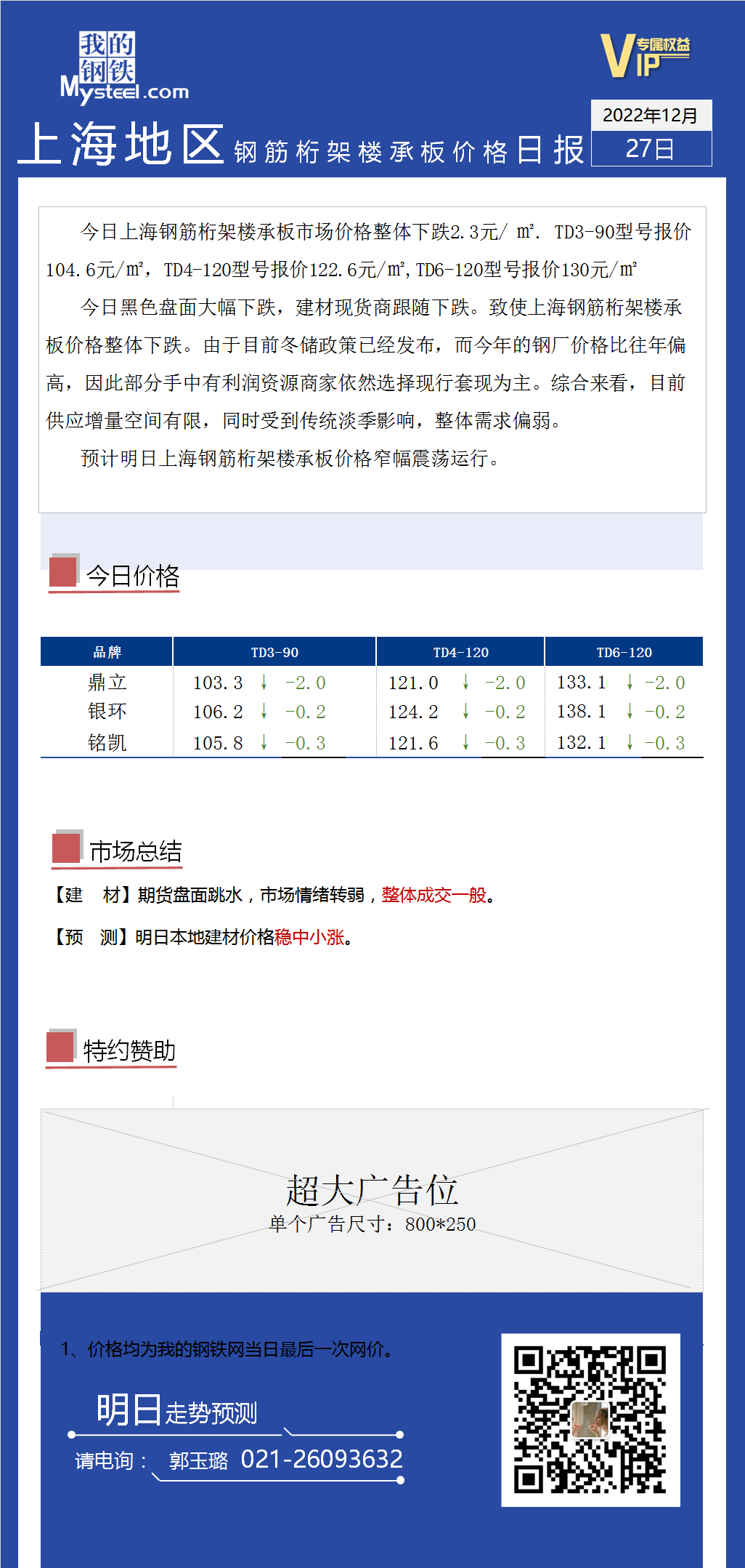 <a href='https://www.mysteel.com/' target='_blank' style='color:#3861ab'>Mysteel</a>日报：上海市场钢筋桁架楼承板价格大幅下跌