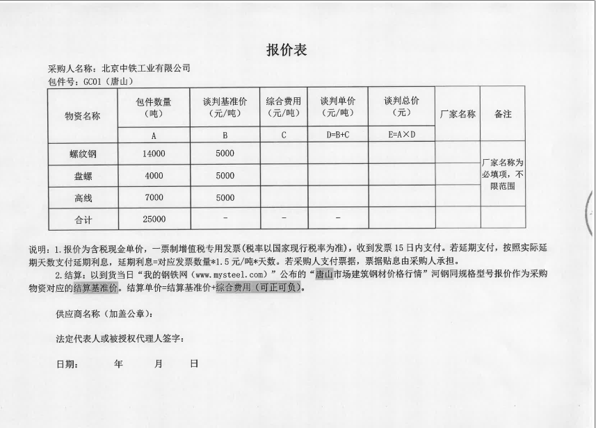 <a href='https://www.mysteel.com/' target='_blank' style='color:#3861ab'>Mysteel</a>：北京中铁工业有限公司征集建筑钢材供应商